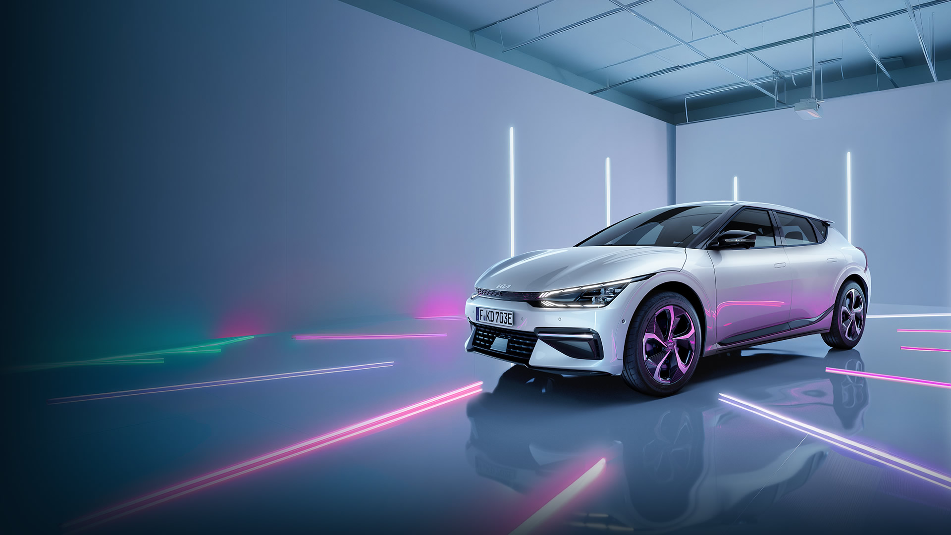 Kia EV6 schräg von vorne mit Neon-Lichtern