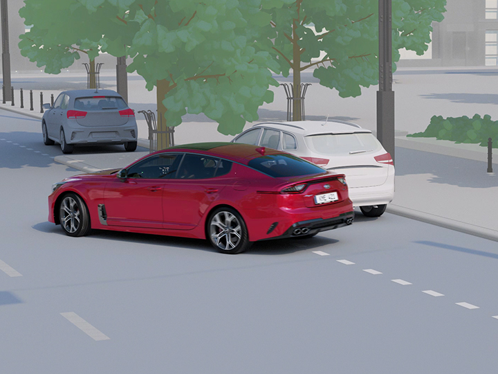 Un coche está aparcando y el sistema de control periférico le muestra qué espacio ha dejado con respecto al otro coche